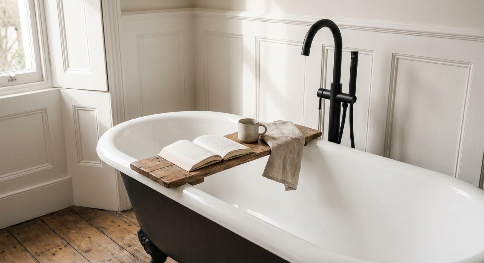 Freestanding bath with floor-mounted filler tap